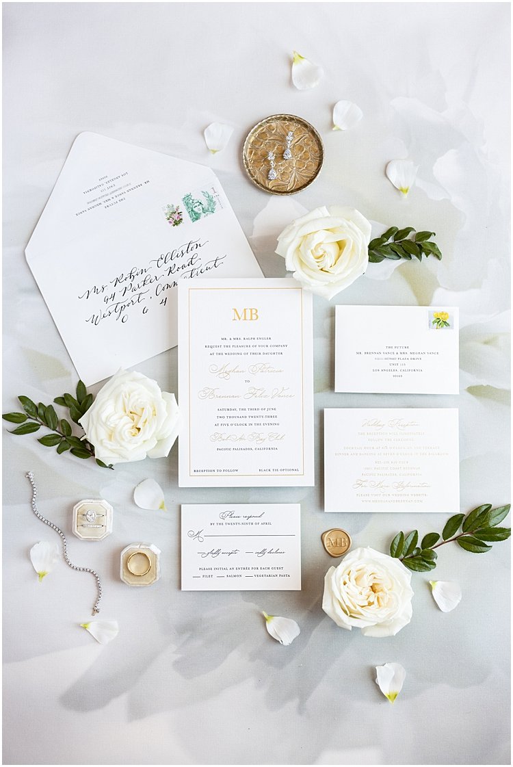bel air bay club gold wedding invitation