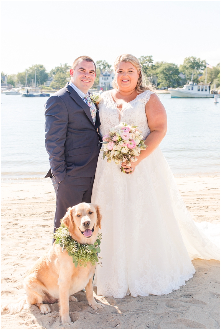 Bride and Groom on Beach with Golden Retriever