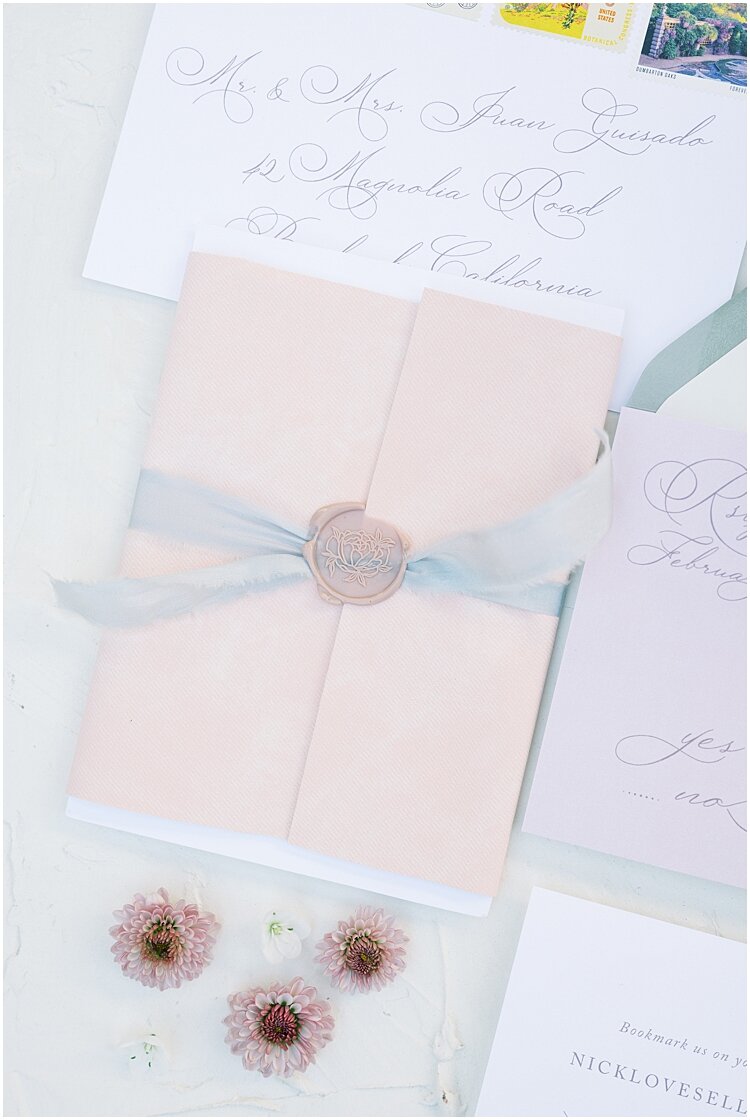 custom pink wax seal ribbon wedding invitation