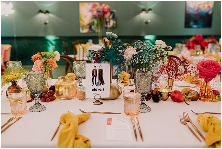 colorful fig house wedding reception table
