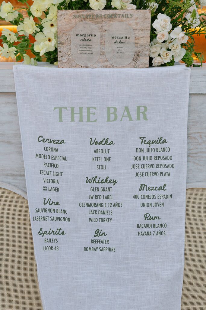 fabric and stone wedding bar signs