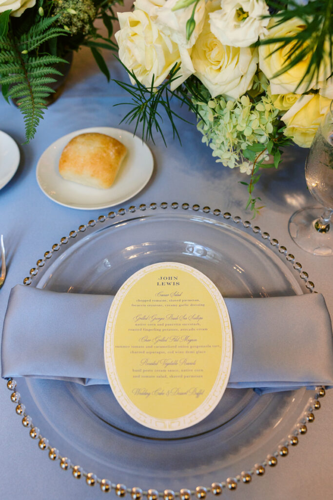 oval yellow wedding menu table setting