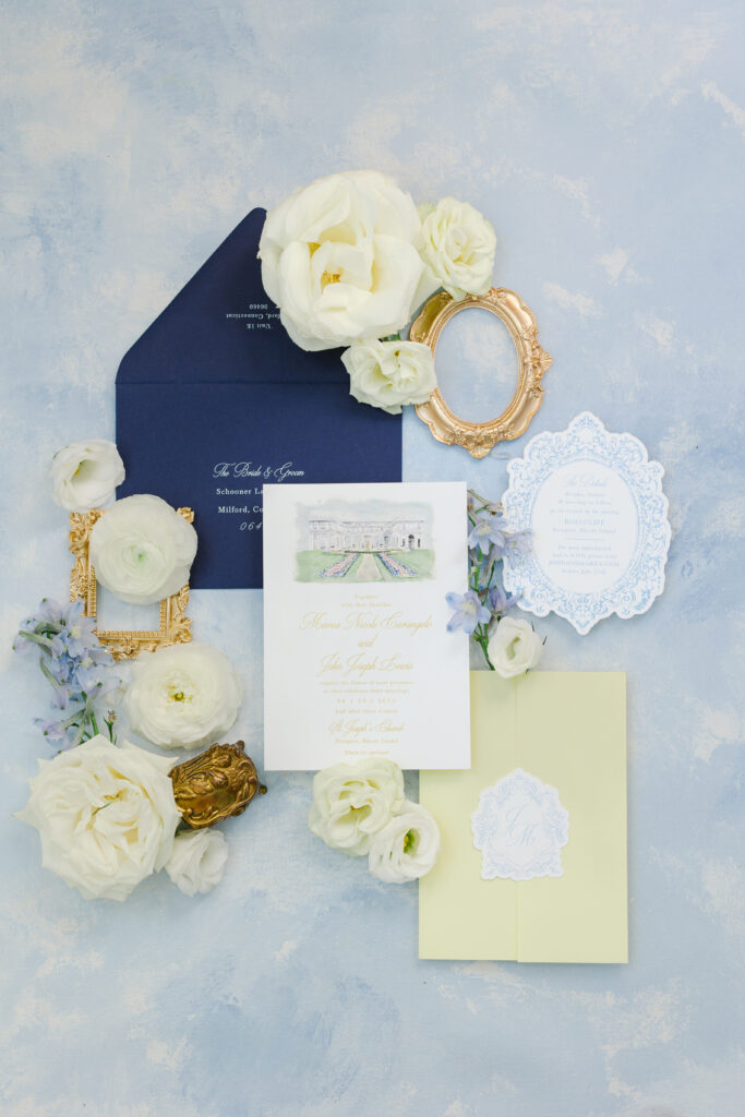 gold foil watercolor illustration invitation suite