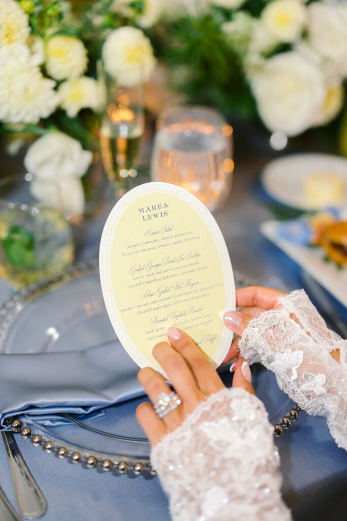 oval yellow wedding menu place card