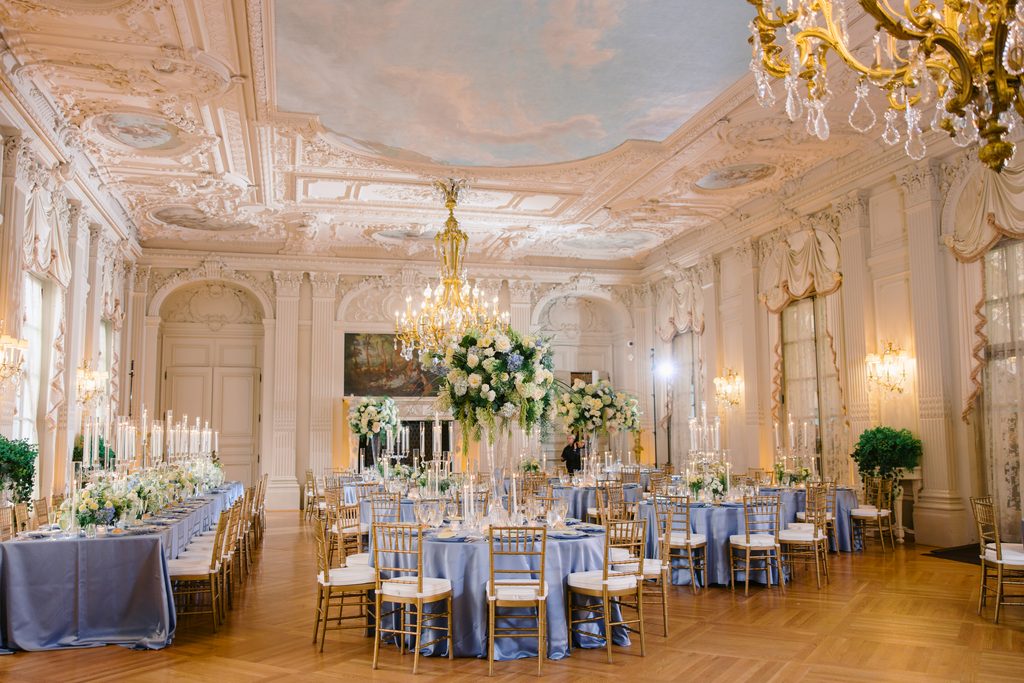blue tablecloth wedding reception
