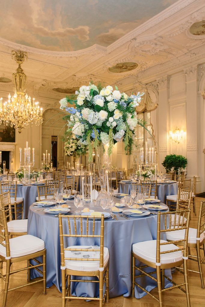 round wedding reception table with hydrangeas